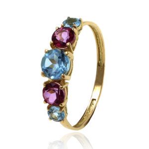anillo oro amarillo con topacios azules y rosas