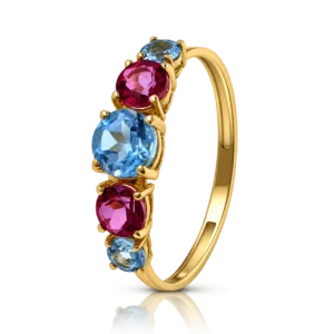 anillo oro amarillo con topacios azules y rosas