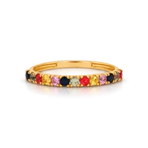anillo oro amarillo media alianza con circonitas de colores