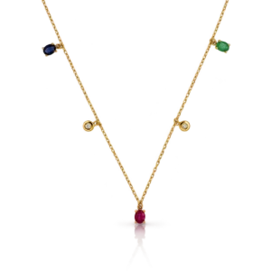 Gargantilla de piedras preciosas Zafiro  Esmeralda y Rubí con Diamantes en Oro Amarillo 18kt