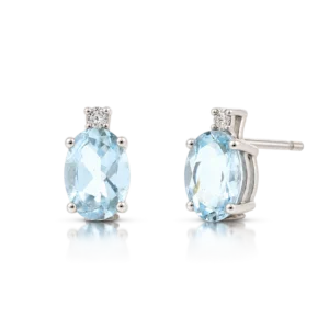 Pendientes Oro Blanco Aguamarina Oval y Diamantes