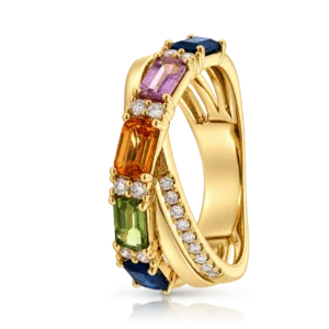 Anillo de Oro Amarillo con Diamantes y Zafiros de colores 0 216ct