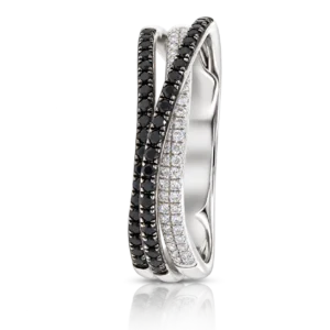 Anillo de Oro Blanco con filas de Diamantes Negros y Blancos