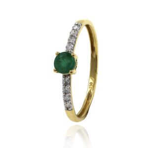 Anillo Oro Amarillo Esmeralda 4 garras y Diamantes