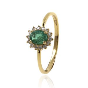 Anillo Oro Amarillo Roseton con Esmeralda y Diamantes