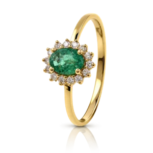 Anillo Oro Amarillo Roseton con Esmeralda y Diamantes