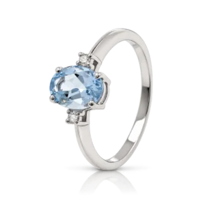 Anillo Oro Blanco Aguamarina Oval y Diamantes