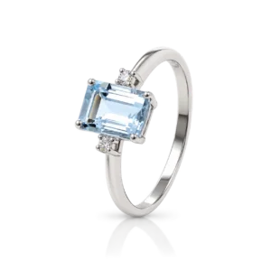 Anillo Oro Blanco Aguamarina Rectangular y Diamantes