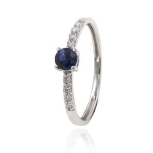 Anillo Oro Blanco Zafiro 4 garras y Diamantes