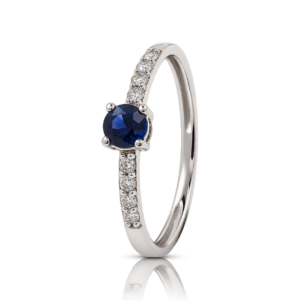 Anillo Oro Blanco Zafiro 4 garras y Diamantes