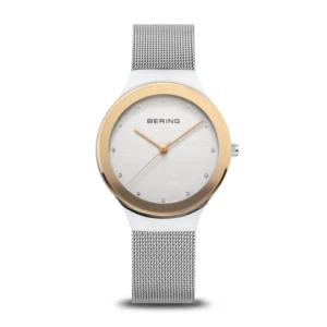 reloj bering 12934-010 para mujer con esfera blanca y bisel en dorado