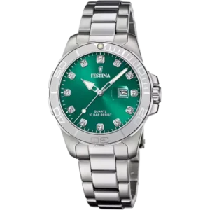 reloj festina f20505 con esfera verde y circonitas en los numeros, de color plateado