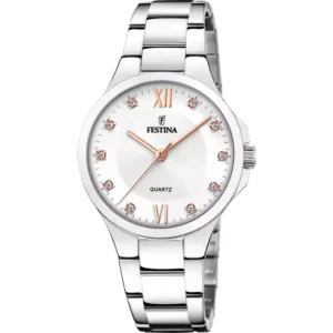 reloj festina f20582_1 para mujer con esfera blanca, diales con circonitas y agujas doradas