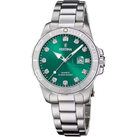 reloj festina f20505 con esfera verde y circonitas en los numeros, de color plateado