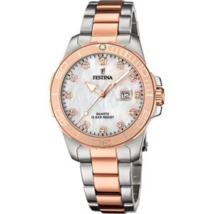 reloj festina f20505 con esfera nacar y circonitas en los numeros, de color rosa y plateado