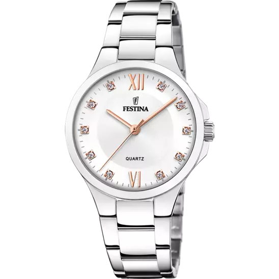 reloj festina f20582_1 para mujer con esfera blanca, diales con circonitas y agujas doradas