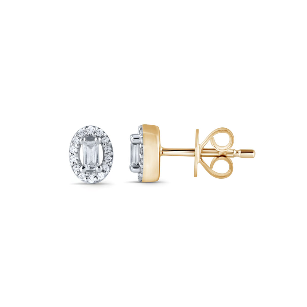 pendientes de oro roseton de brillantes con 1 diamante central talla baguette