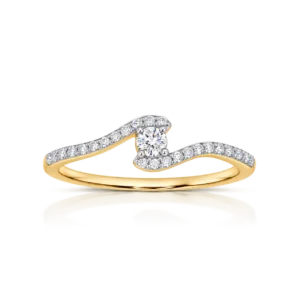 anillo de oro cruzado con brillantes y 1 brillante central