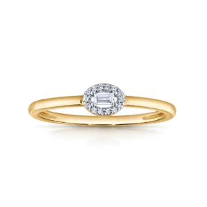 anillo de oro roseton con brillantes y 1 diamante central talla baguette