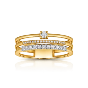 anillo de oro triple con brillante central combinado con doble media alianza de brillantes