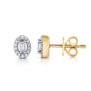pendientes de oro roseton de brillantes con 1 diamante central talla baguette