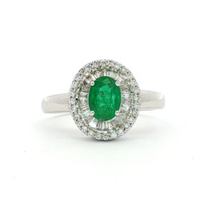 Anillo Rosetón Doble Orla Oro Blanco con Diamantes Esmeralda