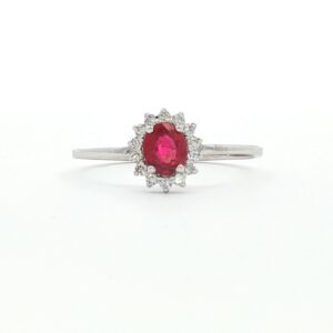 Anillo Rosetón Oro Blanco con Diamantes Rubí
