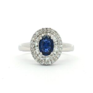 Anillo Rosetón Doble Orla Oro Blanco con Diamantes Zafiro
