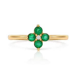 Anillo Oro Amarillo Esmeraldas flor y 1 Diamante