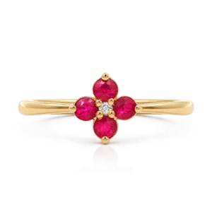 Anillo Oro Amarillo Rubí flor y 1 Diamante