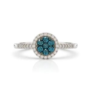 Anillo Oro Blanco Rosetón con Diamantes Blancos y Azules