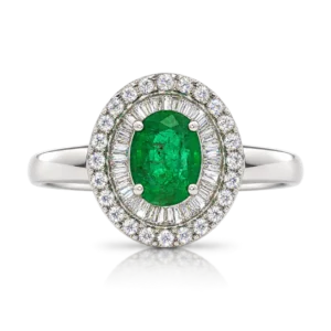 Anillo Rosetón Doble Orla Oro Blanco con Diamantes Esmeralda