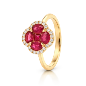 Anillo Rubis flor y Orla de Diamantes Oro Amarillo