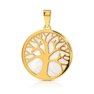 Colgante redondo de oro amarillo de 18 quilates con árbol de la vida sobre nácar blanco y asa de oro