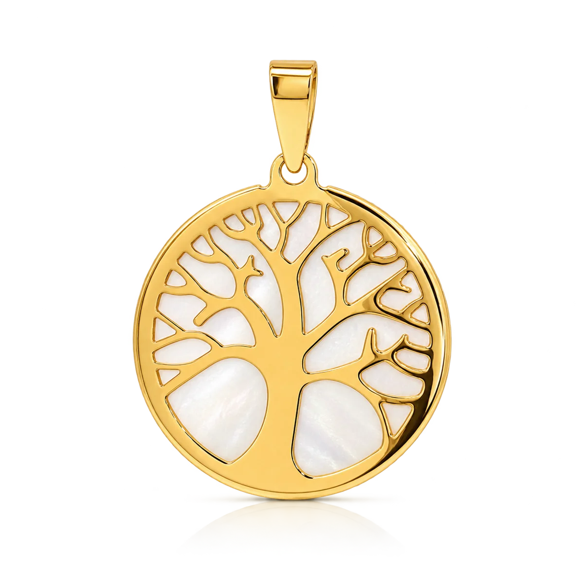Colgante redondo de oro amarillo de 18 quilates con árbol de la vida sobre nácar blanco y asa de oro