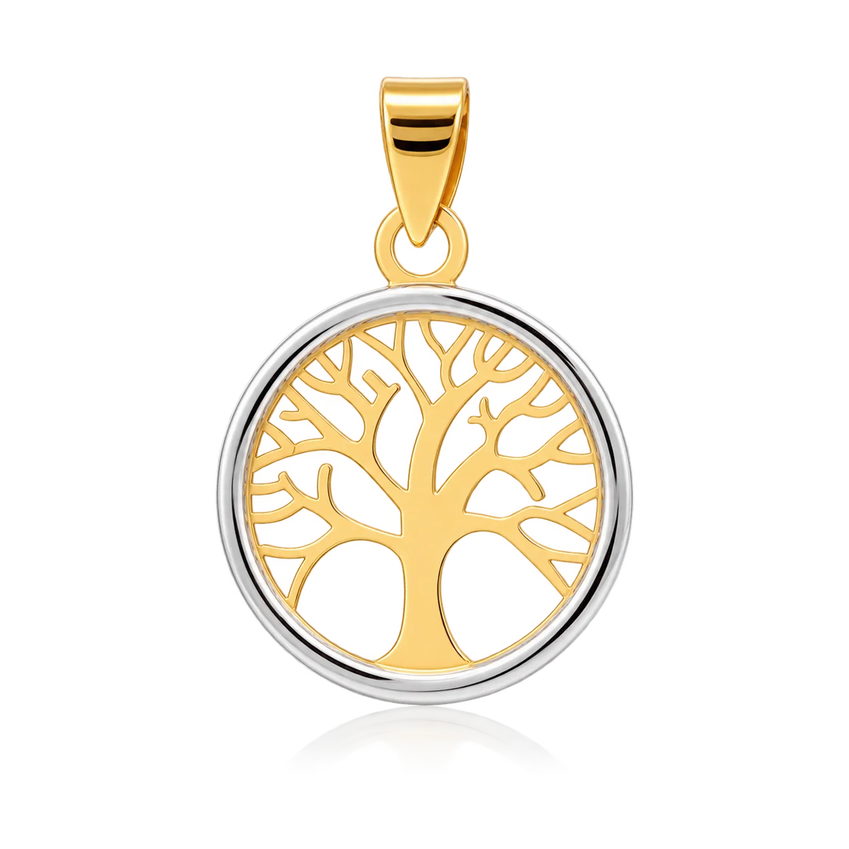 Colgante redondo de oro bicolor de 18 quilates con árbol de la vida calado amarillo, contorno blanco y asa amarilla
