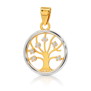 Colgante redondo de oro bicolor de 18 quilates con árbol de la vida con seis circonitas y asa de oro