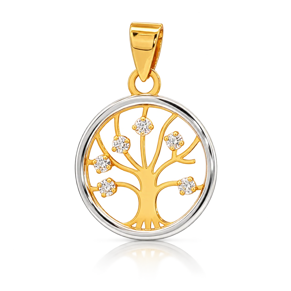 Colgante redondo de oro bicolor de 18 quilates con árbol de la vida con seis circonitas y asa de oro