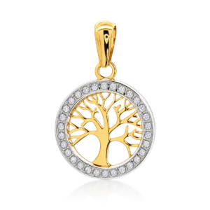 Colgante redondo de oro bicolor de 18 quilates con árbol calado amarillo y contorno blanco de circonitas incoloras