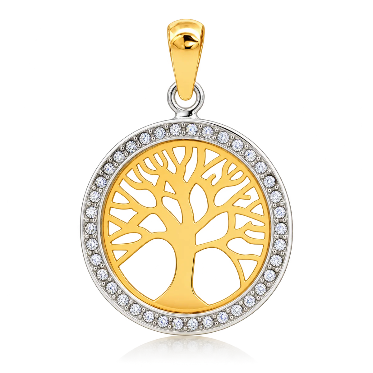 Colgante redondo de oro bicolor de 18 quilates con árbol calado amarillo y contorno blanco de circonitas incoloras