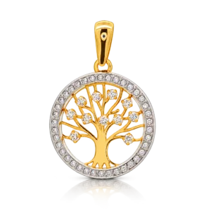Colgante árbol de la vida de oro con circonitas incoloras y contorno de circonitas incoloras