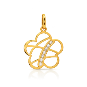 Colgante de flor de cinco pétalos de oro amarillo con diseño geométrico calado y una fila curva de circonitas incoloras