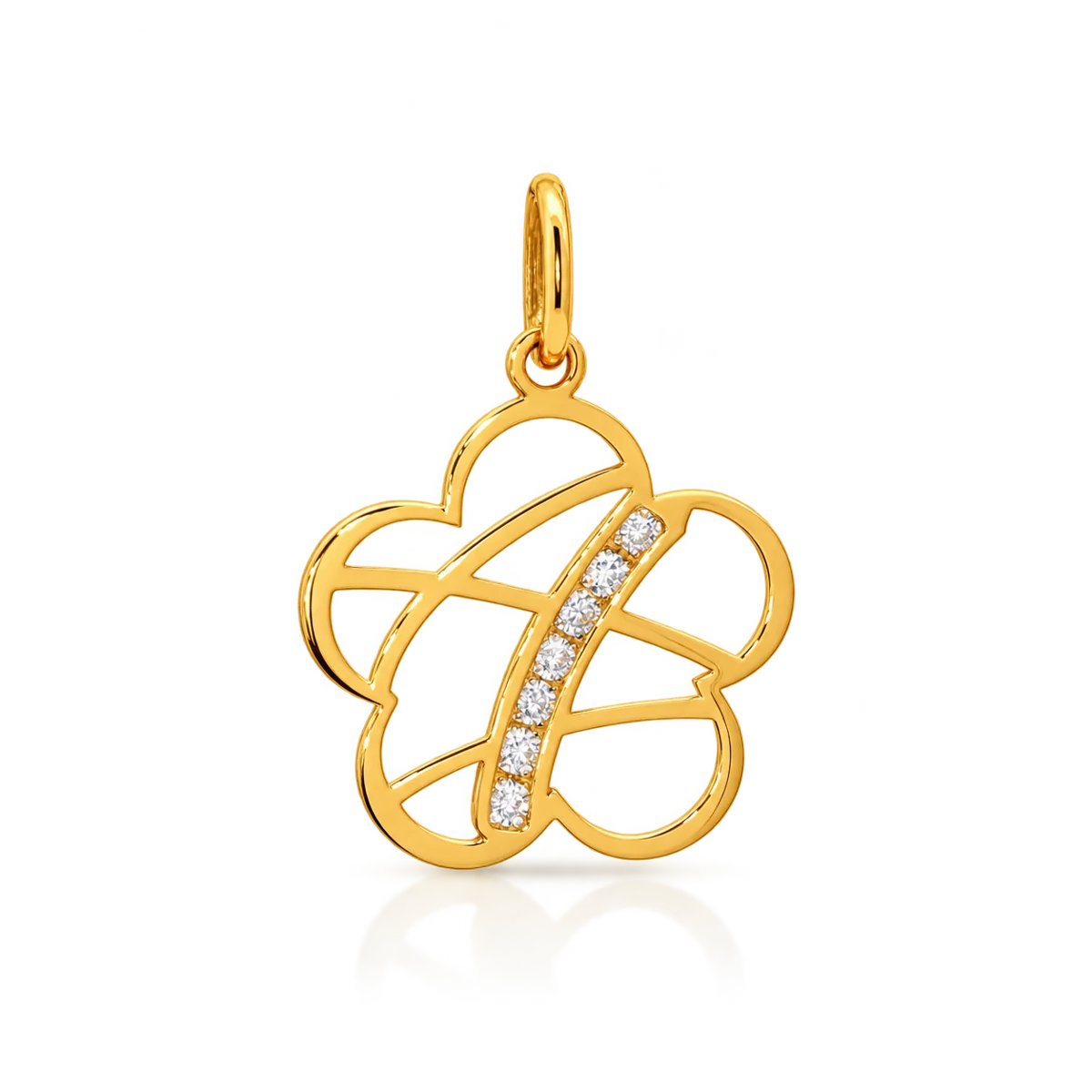Colgante de flor de cinco pétalos de oro amarillo con diseño geométrico calado y una fila curva de circonitas incoloras