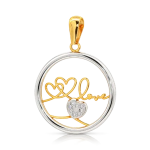 Colgante circular de oro bicolor con palabra Love, dos corazones entrelazados y un corazón con circonitas