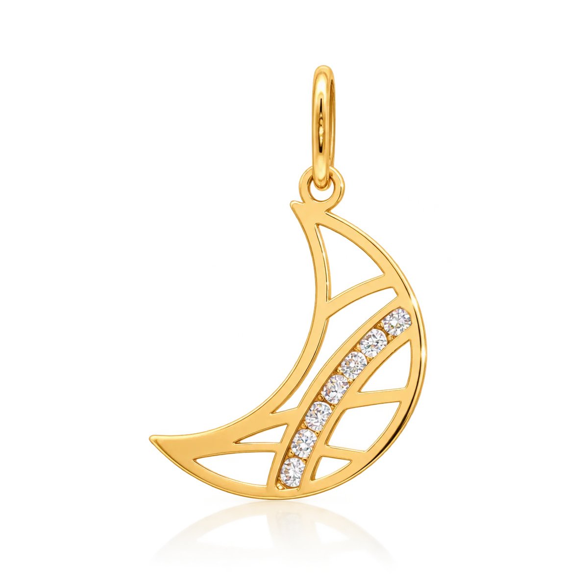 Colgante de media luna de oro amarillo con diseño geométrico calado y una fila curva de circonitas incoloras
