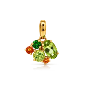 Colgante de oro amarillo con citrino anaranjado, peridoto verde claro y tsavorita verde intenso en composición multicolor