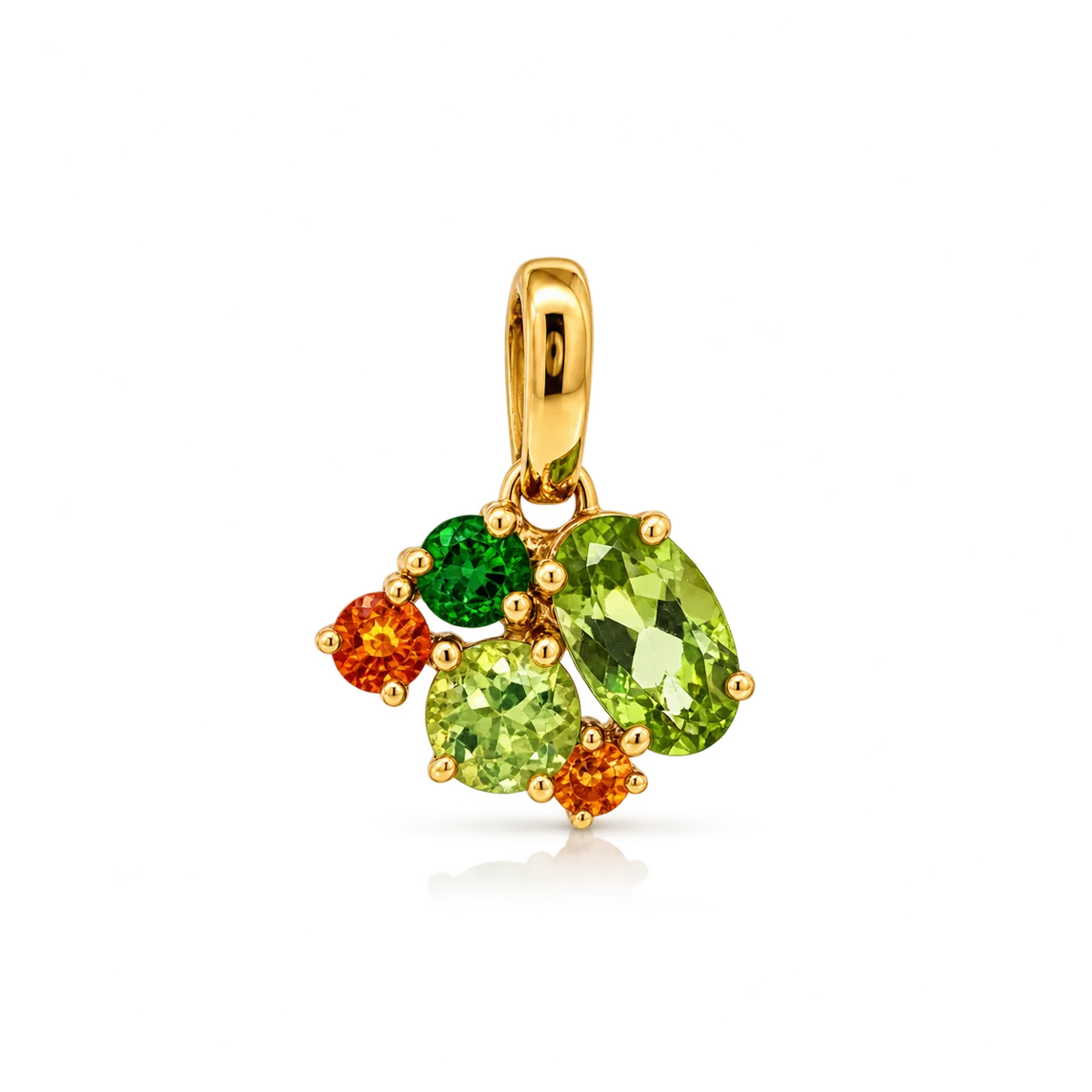 Colgante de oro amarillo con citrino anaranjado, peridoto verde claro y tsavorita verde intenso en composición multicolor