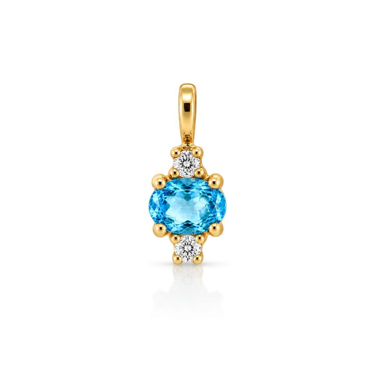 Colgante de oro amarillo con topacio Swiss oval horizontal y dos diamantes, uno encima y otro debajo