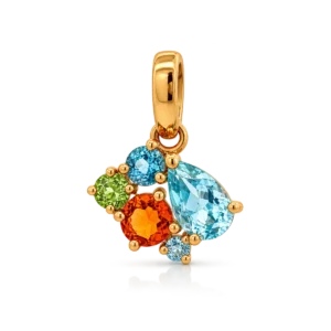 Colgante de oro amarillo con topacios azules, peridoto verde y citrino anaranjado en composición multicolor