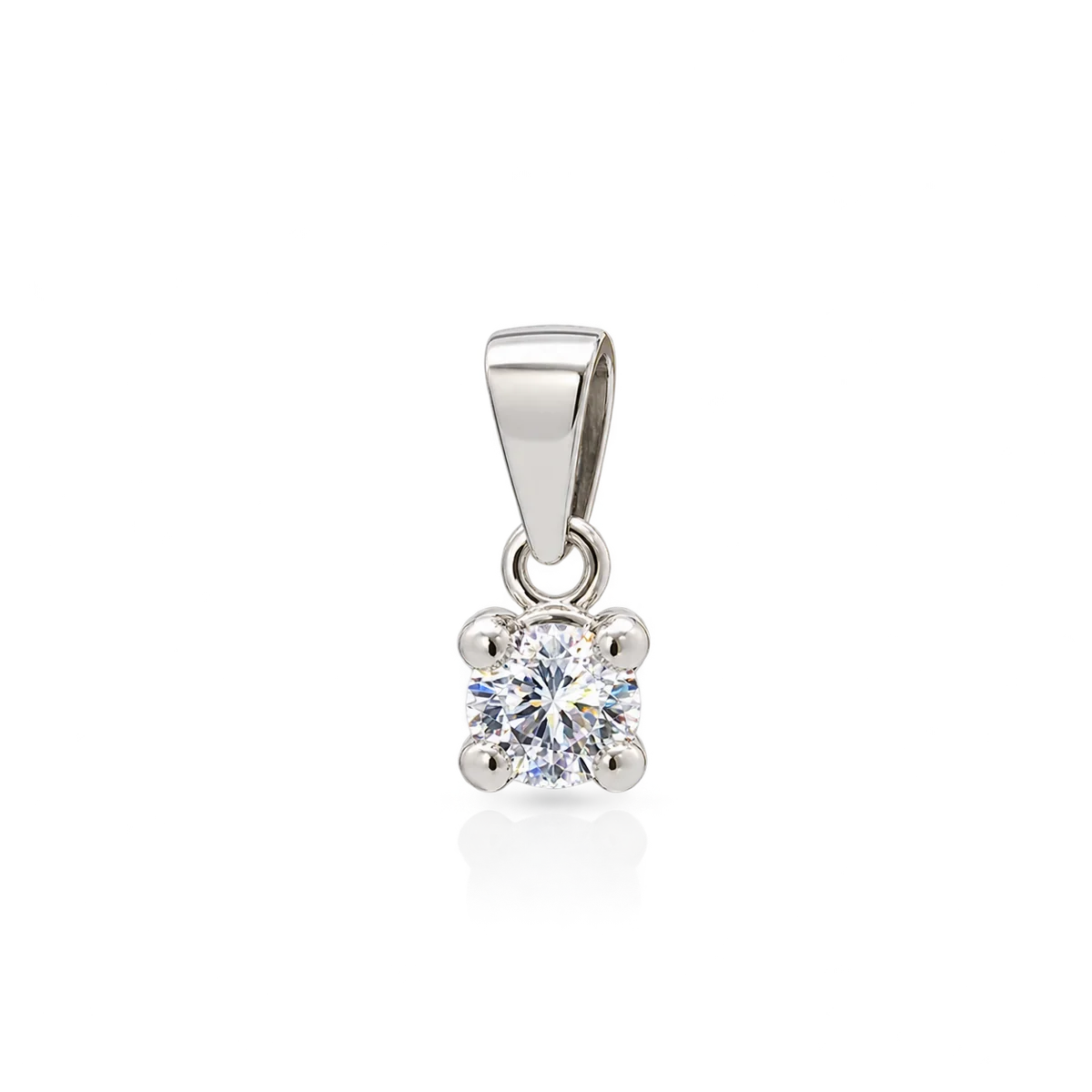 Colgante solitario de oro blanco con circonita redonda incolora de 4 mm sujeta por cuatro garras